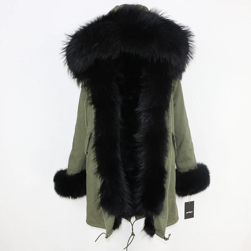 green black F Женская парка на натуральном меху OFTBUY, черное пальто с натуральным лисьим мехом, с капюшоном с отделкой из меха енота, толстая теплая уличная одежда, зима - Цвет: green black F