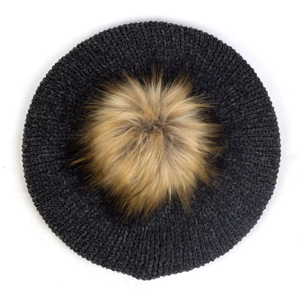 Женские Модные береты с помпон из искуственного меха Pom Chenille мягкие зимние теплые шапки женские французские художники берет шапки для волос Повседневная шапка