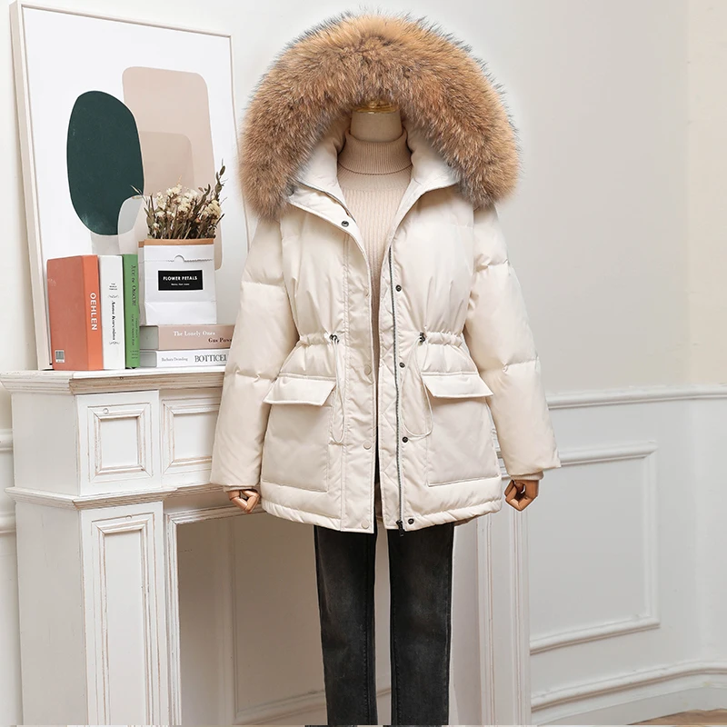 Women's White Duck Down Jacket New Winter Thick and Warm Large Size Leather Fur Hooded Down Jacket 90% Waist Stretchable Parka