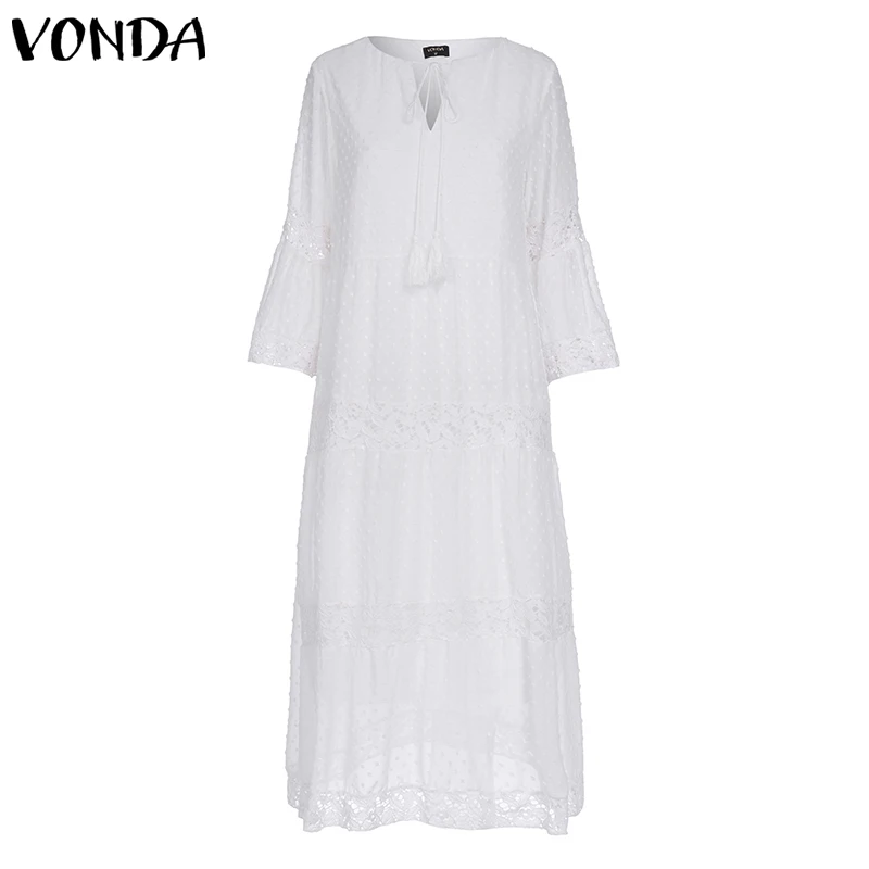 Женское кружевное платье VONDA повседневное свободное белое пляжное в богемном