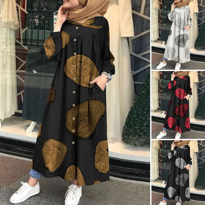 Платье ZANZEA 2022 с мусульманским принтом, Женский Осенний сарафан, Повседневная рубашка с длинным рукавом, женское платье на пуговицах