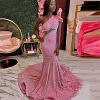 pink sequin evening dresses long 2021 women luxury sexy one shoulder mermaid prom gowns simple bead party dress robes de soir%c3%a9e