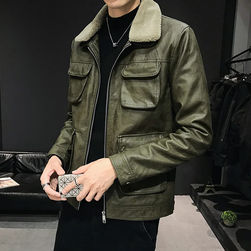 Мужская кожаная Модная приталенная Корейская зимняя куртка с меховым воротником