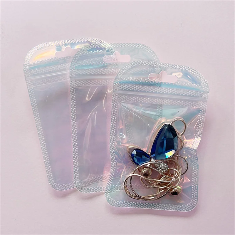 

100PCS Mini Transparent Colorful Packaging Pouch Holographic Self Sealing Bag Gradient Rainbow Jewellery Laser Zip Lock Bags