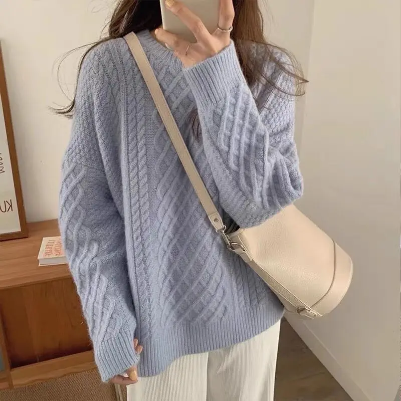 Женский трикотажный свитер с круглым вырезом длинным рукавом | Женская одежда