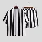 Кимоно мужское в Японскую полоску, короткий кардиган, шорты, повседневный жакет, пляжные шорты, юката, черный темно-синий цвет