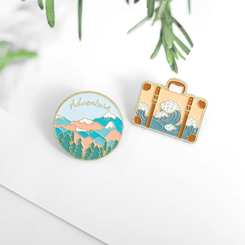 Travel Enamel Pin Adventure Tour Suitcase Journey Brooches Bag Lapel Badges Mountains Oceans Wave Jewelry Gift for Friends | Украшения и