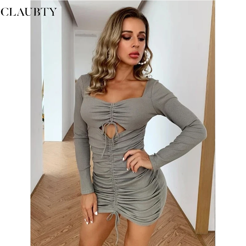 

Street Hollow Out V-neck Lace Up Women Clothing Solid Color Sexy Long Sleeves Slim Mini Dresses Female Drawstring Vestidos