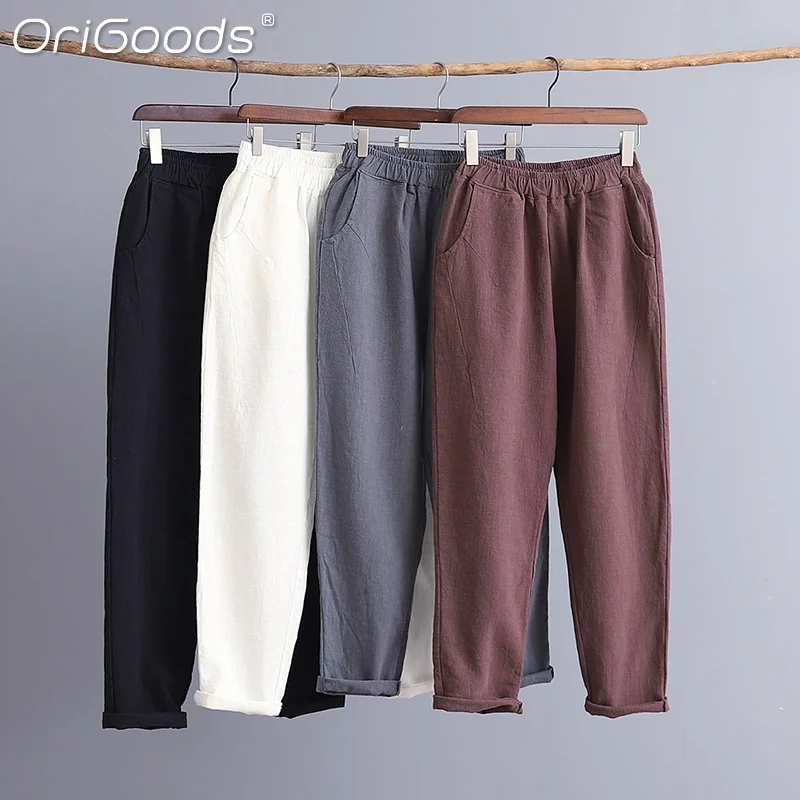 Оригинальные винтажные женские брюки весна-осень хлопковые льняные прямые