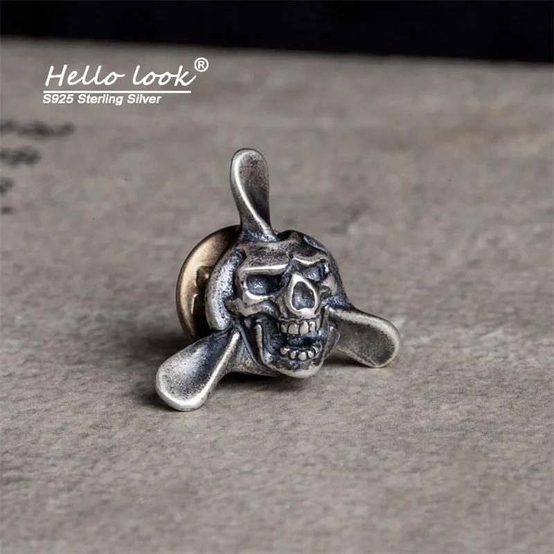 

HelloLook Punk Style Brooch 925 Sterling Silver Aircraft Head Brooches Skull Collar Pin For Men Women Hyperbole Jewelry