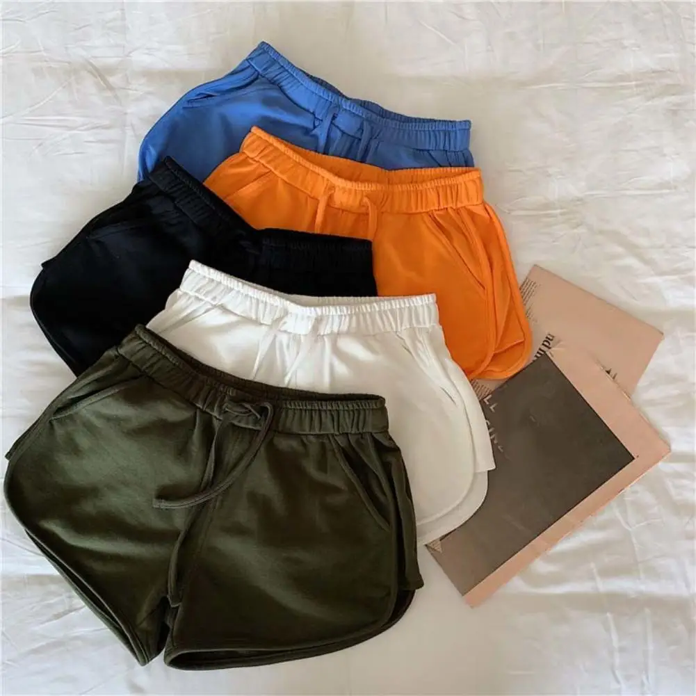 

Women Home Casual Solid Color High Waist Drawstring Pockets Loose Running Shorts