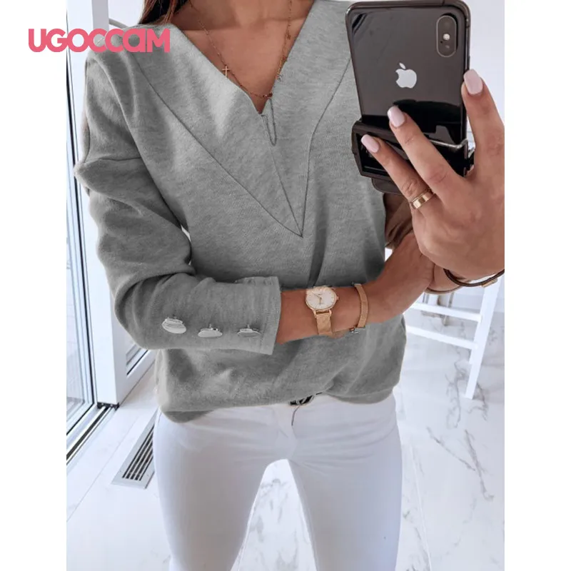Женская футболка с v образным вырезом UGOCCAM Осенние повседневные топы длинным