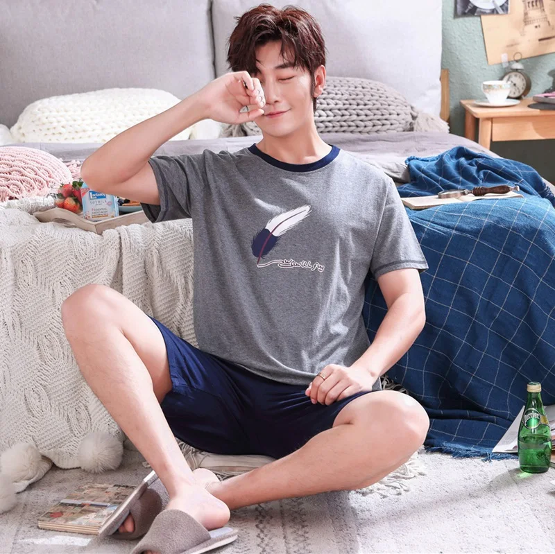 

2019 Summer Casual Striped Cotton Short Sleeve Pajamas Sets for Men Sleepwear Male Homewear Lounge wear Night Suit Home Clothes