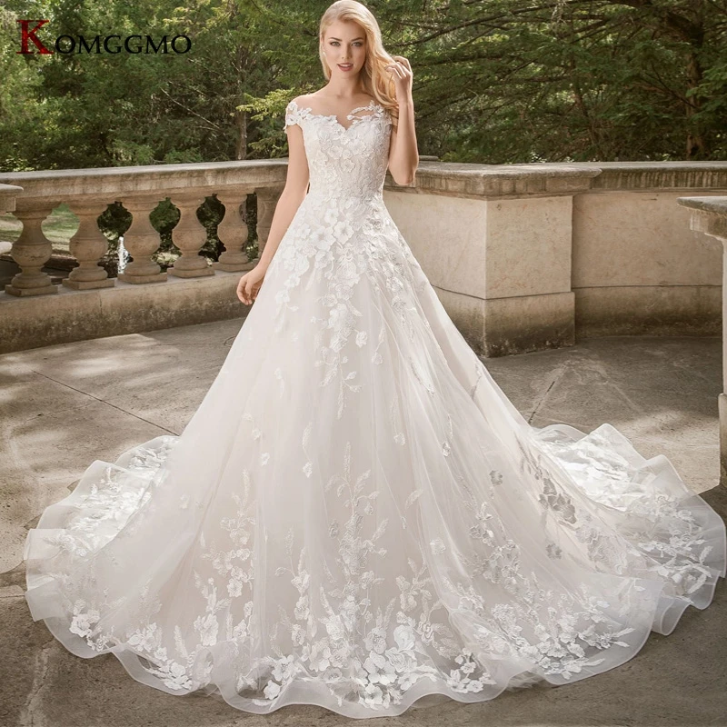 

Short Sleeve O-Neck Wedding Dress for Women Plus Size Luxury Lace Appliques Tulle Cathedral Train 2021 Hot Sale Robe De Mariée
