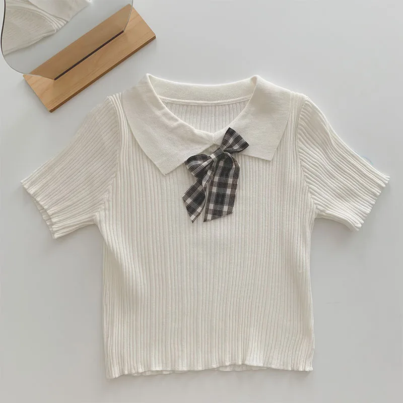 

Short-sleeved POLO Collar Sweater Women's Summer Self-cultivation Wild 2021 New Korean Niche Design Small Fresh Top with Bow Tie