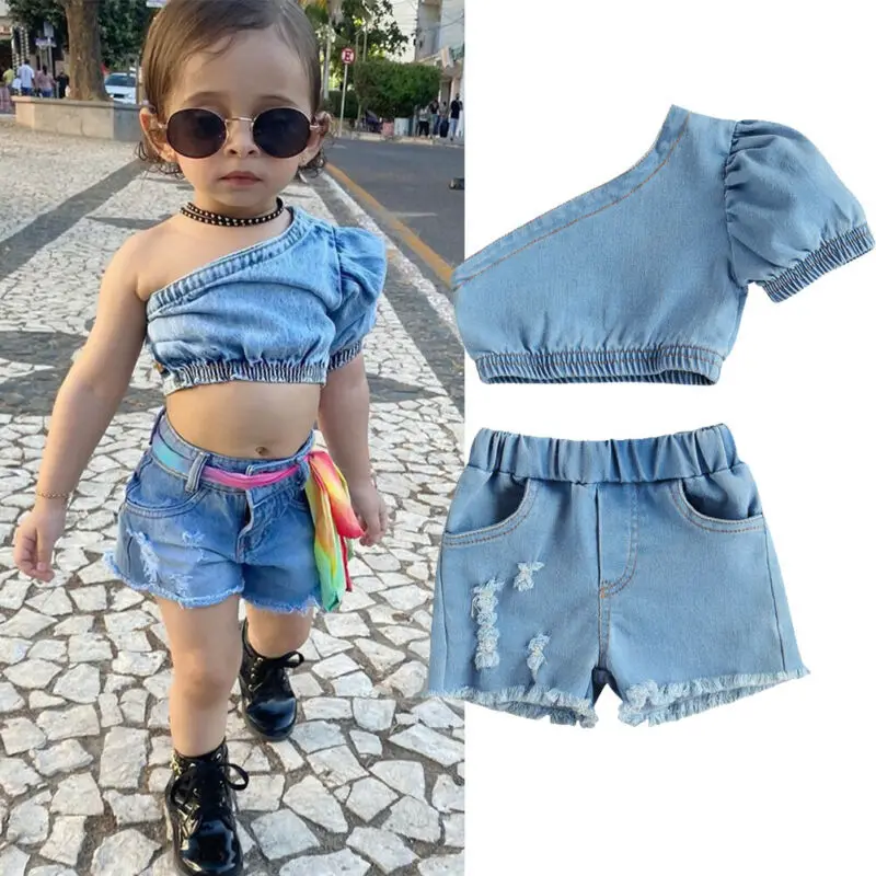 

Infant Toddler Baby Girl Off Shoulder Crop Top Ripped Denim Shorts Outfits Set