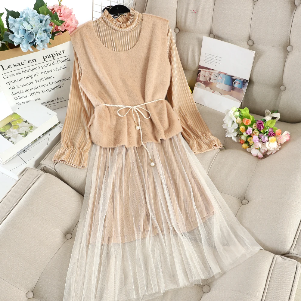 SINGRAIN женское Плиссированное велюровое платье + жилет из искусственного меха