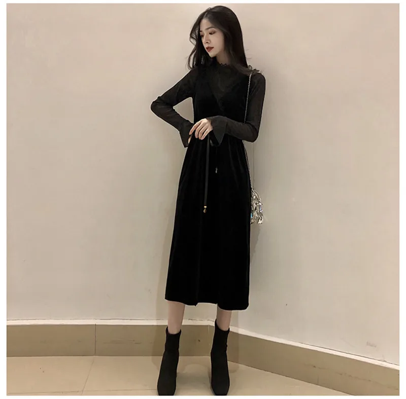 2020 Женские винтажные велюровые платья золотого цвета черное кружевное платье на