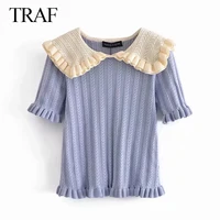 traf za womens clothes vintage ruffle knit sweater women puff sleeve blue knitted top woman fashion streetwear elastic pullover