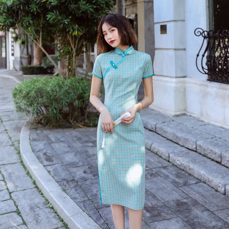 Summer Short Cheongsam Traditional Chinese Dress Women Sexy Modern Qipao Lattice Cotton Oriental Style Dresses Robe Courte | Тематическая