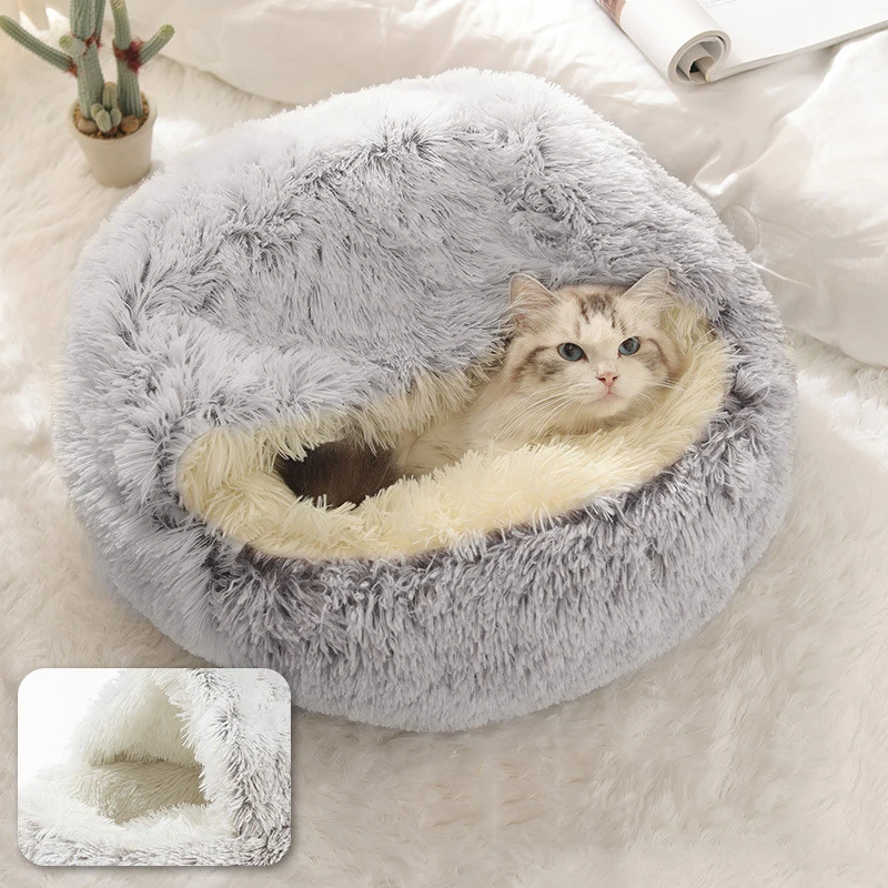 

Winter plush pet dog cat bed soft cat warm bed round Plush House Bed for cat's Kennel 2 in 1 cat bed
