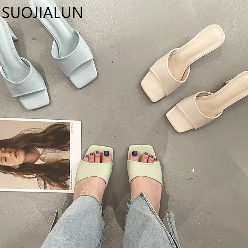 

SUOJIALUN 2021 New Summer Women Slipper Square Low Heel Ladies Sandal Shoes Slip On Peep Toe Mules Casual Slides Flip Flop
