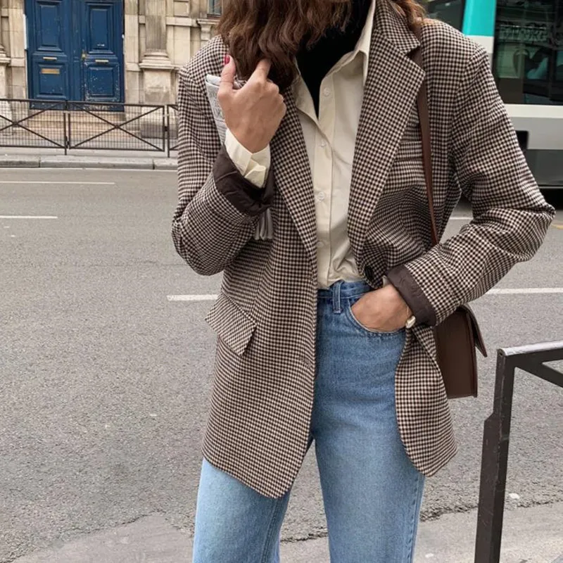

Office Lady Workwear Vintage Houndstooth Plaid Blazer Women 2020 New Autumn Elegant Chic Cardigan Loose Suit Jack Female Blazers