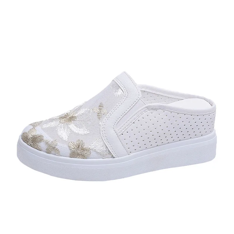 

Women's Slippers Spring and Summer New Mesh Half Slippers Flowers Embroidery Outside Wear Lazy Height Thick Bottom Sandals