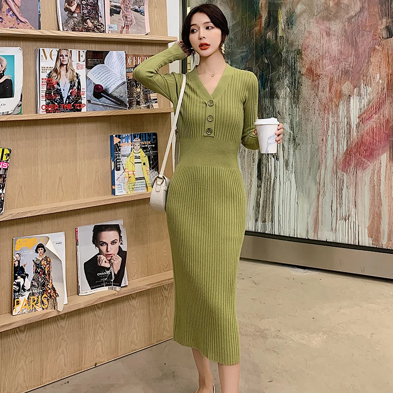 Модное осеннее платье свитер женские вязаные платья с v образным вырезом свитера