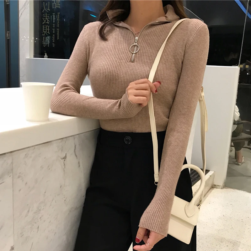 2022 Knitted Women Zipper High Neck Sweater Pullovers Turtleneck Autumn Winter Basic Sweaters Slim Fit Black Pull Femme | Женская одежда
