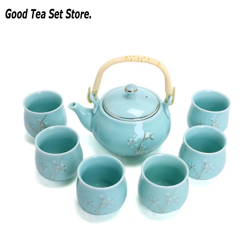 Ceramic Tea Set Porcelain Kung Fu with 6 Cup Teapot Tray Lifting Beam Kettle Portable Pot Teacup Kettles | Дом и сад