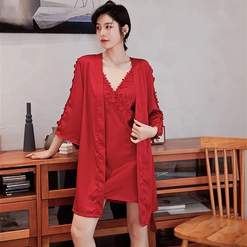 

Wedding Robe Set Women Summer Short Kimono Gown Sexy Sleepwear Suit Appliques Casual Bathrobe Satin Nightwear Intimate Lingerie