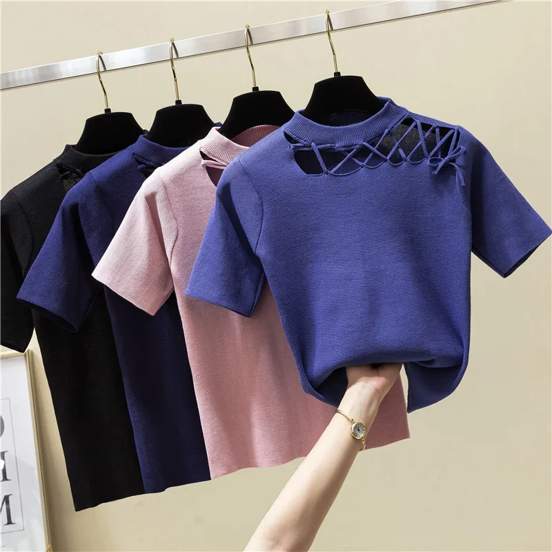 

Summer Solid Color Womens T-shirts Fashion Short Sleeve Hollow Out Knitted Casual Woman T-shirts Slim Fit Lady T-shirts