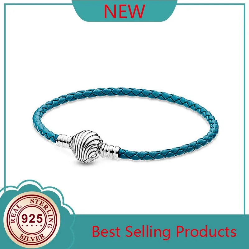 

100% 925 Silver New Ocean Series Braided Leather Shell Fashion Charm PAN Bracelet Women's Wedding Holiday Gift Diy Jewelry
