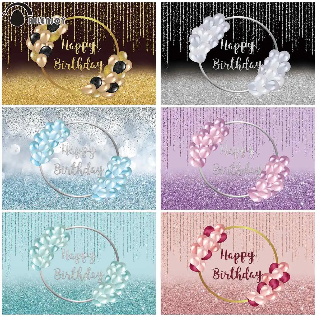 

Allenjoy Happy Birthday Girl Party Sequin Backdrop Balloon Golden Shiny Glitter Wedding Vinyl Background Photophone Photocall
