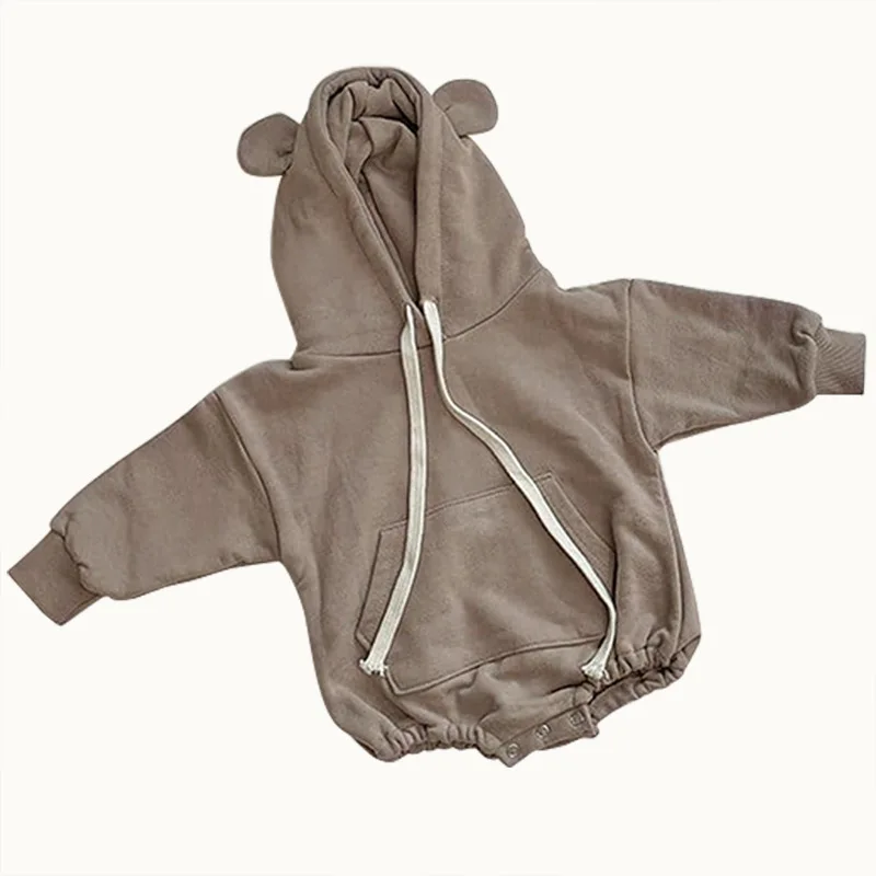 

2021 Autumn Korea Children's Clothes Solid Color Bear Ears Hooded Jumpsuit Baby Korean Cotton Long Sleeve Romper