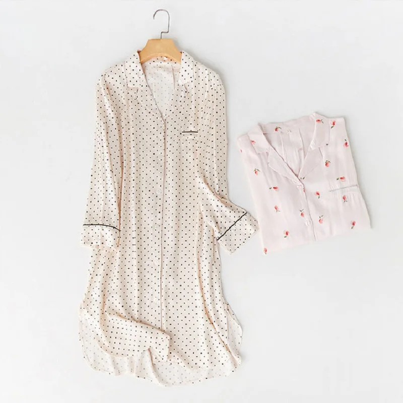 

2020 New Pajamas Summer Cute Girly Pajamas Satin Print Loose Long-sleeved Cardigan Skirt Dress Women Home Dress Sleep Tops
