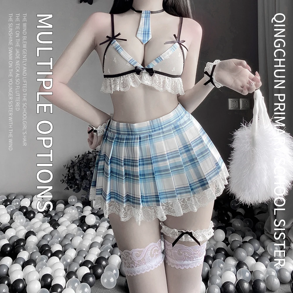 

School Girl Cosplay Women Roleplay Underwear Japanese Student JK Uniform Kawaii See Through Sexy Lingerie Sailor Plaid Skirt