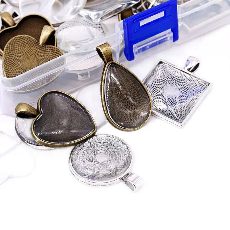 

48Pcs DIY Pendant Tray Round Square Heart Teardrop Glass Cabochon Jewelry Making