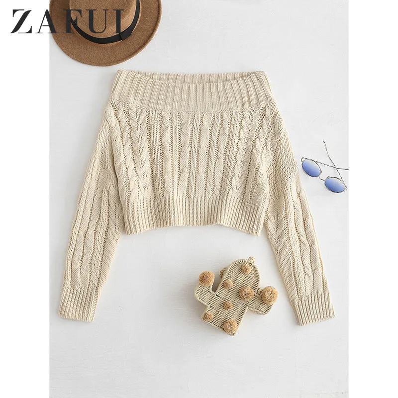 ZAFUL Sweaters Off The Shoulder Chunky Cable Knit Sweater Jumper Knitted Long Sleeve Pullovers Tops Crop Streetwear Fall | Женская