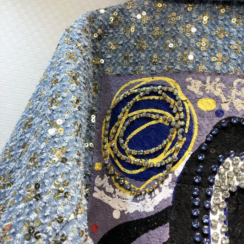 Женская джинсовая куртка с мультяшным принтом свободная оверсайз блестками и