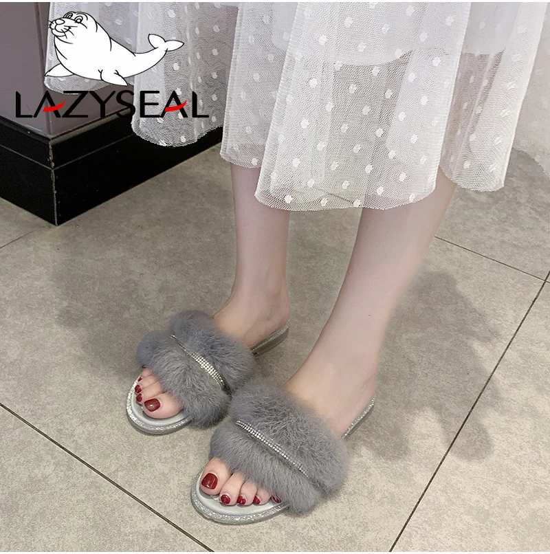 LazySeal/шикарная обувь; женские тапочки на натуральном меху; теплые пушистые тапочки на плоской подошве; женские сандалии со стразами; женские шлепанцы; вьетнамки