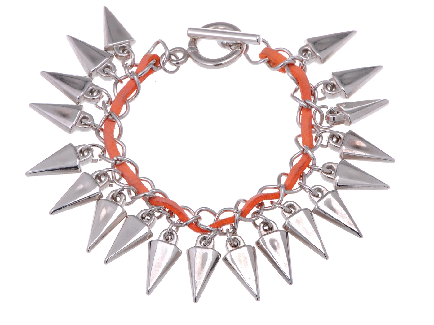 

Silvery Toned Unique Multiple Studded Statement Bracelet With Orange Faux Leather Accent