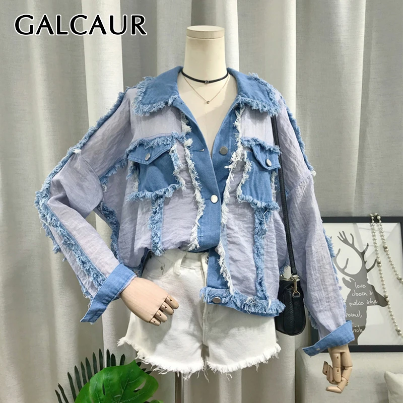 GALCAUR Лоскутная джинсовая рубашка Топы женские с отворотом воротник длинный рукав