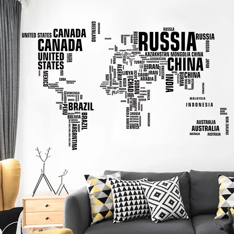 

Pure Black Letter The World Map Wall Stickers Teen Room Decoration Creative Poster Mural Sofa TV Backdrop Wall Decoration