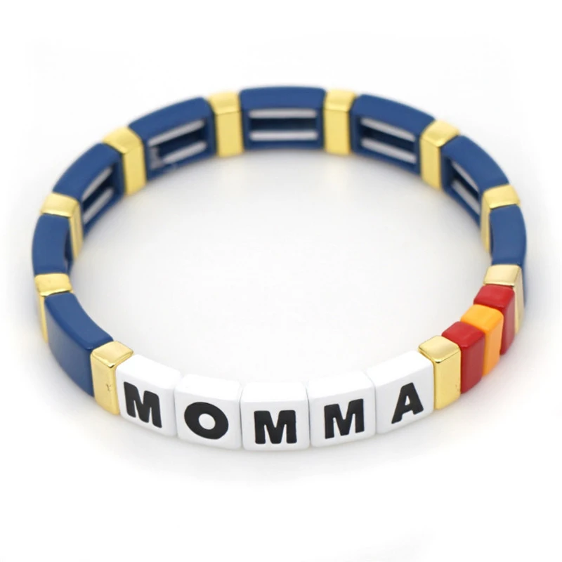 

Stacking Enamel Colour Letter MOMMA Bracelet Beads Rainbow Tile Bohemian Bracelets Bangles for Women Alloy Sport Jewelry Gifts