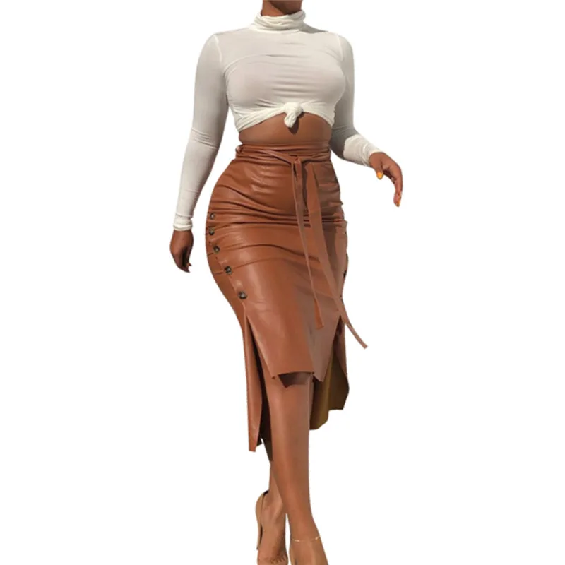 

Женская модная повседневная юбка из искусственной кожи с разрезом средней длины