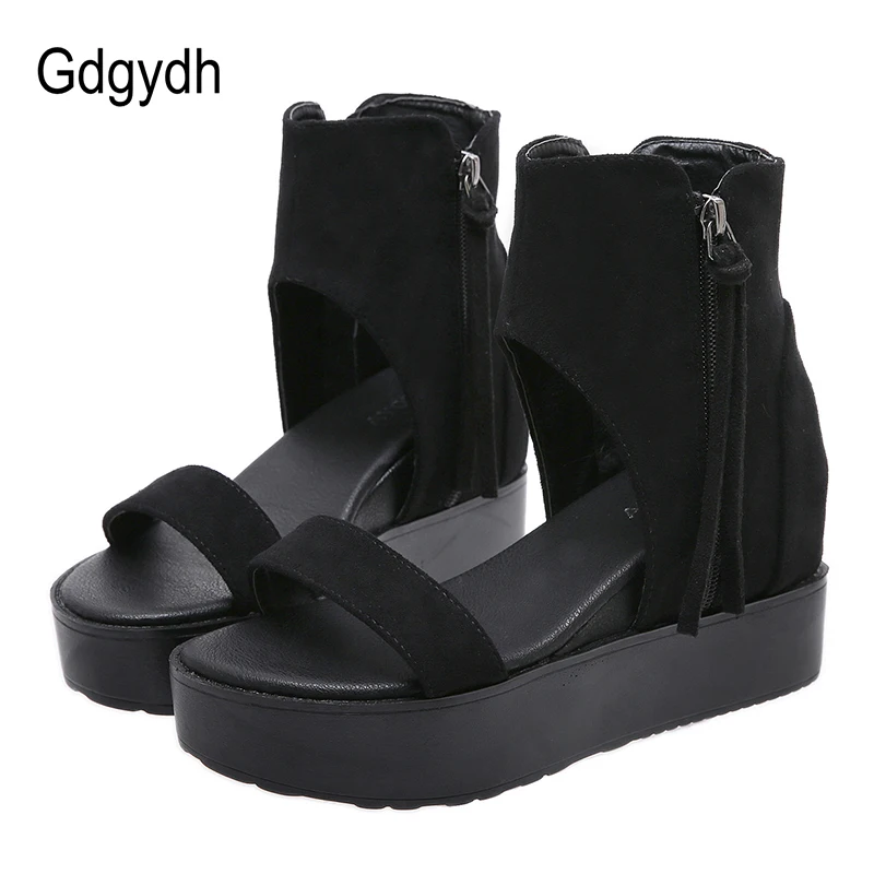 

Gdgydh Fashion Fringe Womens Roman Sandals On The Wedges Platform Shoes For Summer Black Suede Thick Heels Beach Sandals 2021