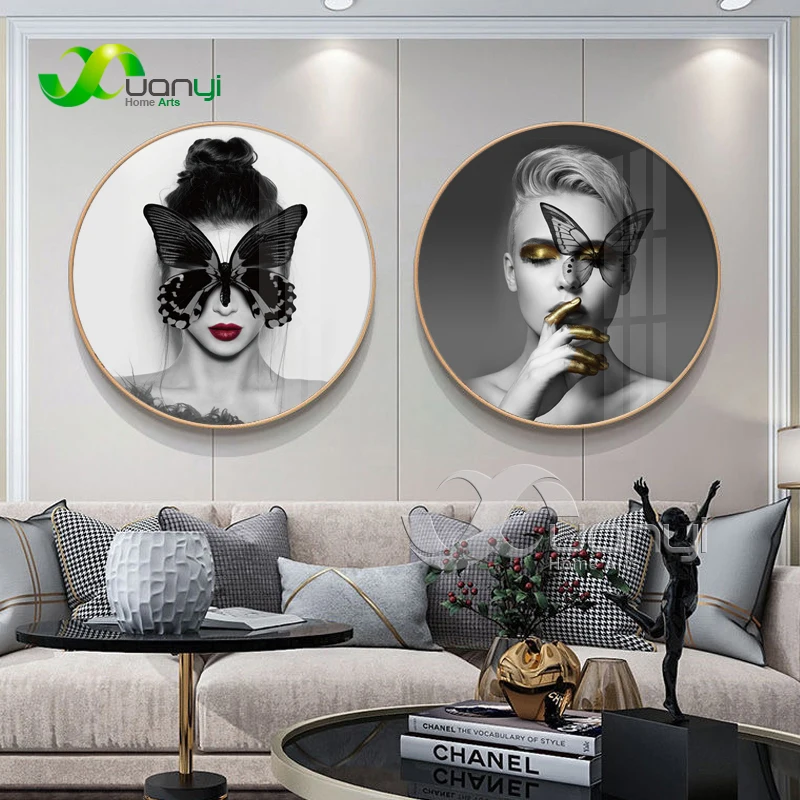 

Абстрактная Картина на холсте с изображением женщины-бабочки, настенный художественный постер, Круглый Круг, алюминиевый сплав, рамка для декора гостиной