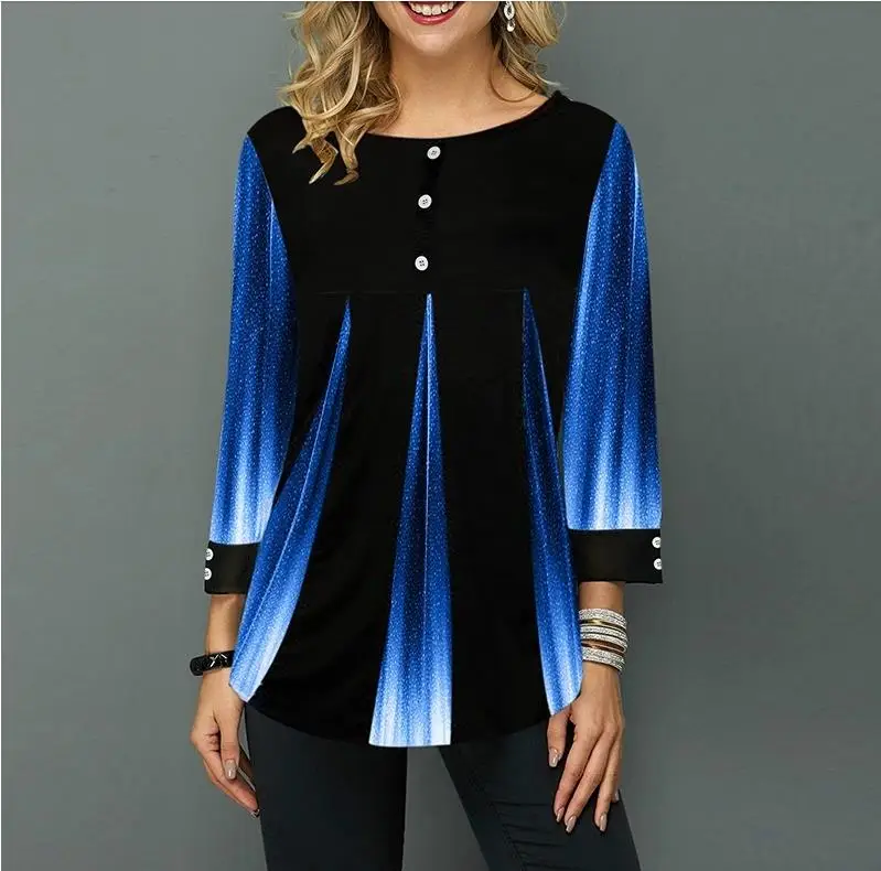 

Fashion Shirt Tops Round Neck Loose Shirt Women Blouse 3/4 Sleeve Casual Color Gradient Printing Female Plus Size
